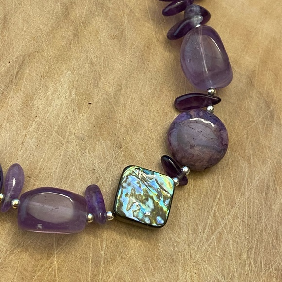 Beautiful Amethyst, abalone, and agate or Charoite 925 sterling silver bracelet - Picture 5 of 12